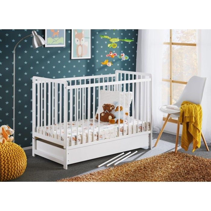 Lit bébé évolutif avec tiroir et matelas collection LUTIN réglable en hauteur. Coloris blanc mat.