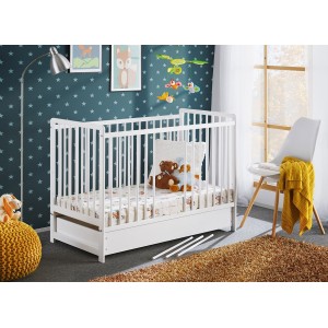Lit bébé évolutif avec tiroir et matelas collection LUTIN réglable en hauteur. Coloris blanc mat.