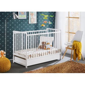 Lit bébé évolutif avec tiroir et matelas collection LUTIN réglable en hauteur. Coloris blanc mat.