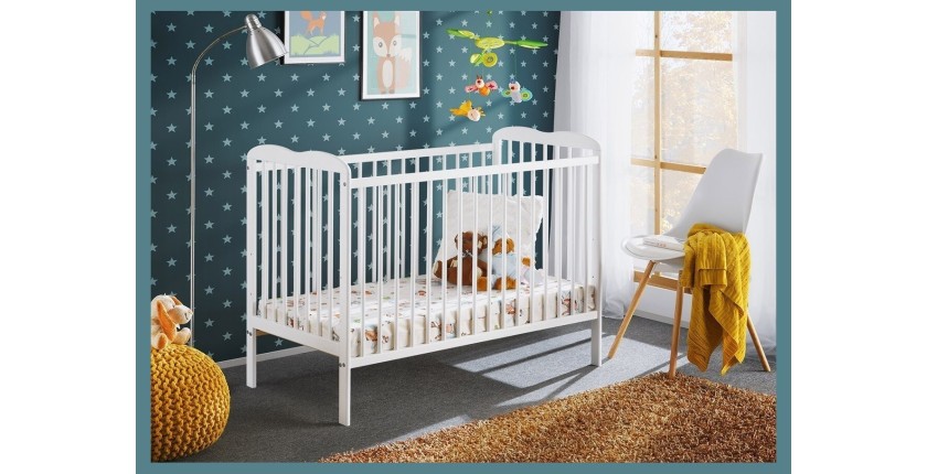 Lit et matelas bébé évolutif collection NOE réglable en hauteur. Coloris blanc mat.