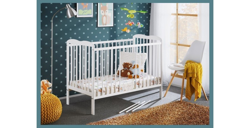 Lit et matelas bébé évolutif collection NOE réglable en hauteur. Coloris blanc mat.