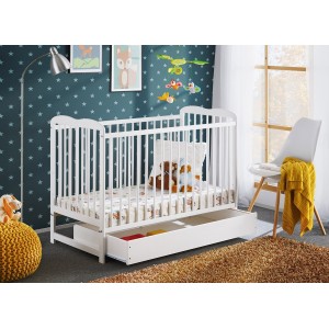 Lit bébé évolutif avec tiroir et matelas collection NOE réglable en hauteur. Coloris blanc mat.