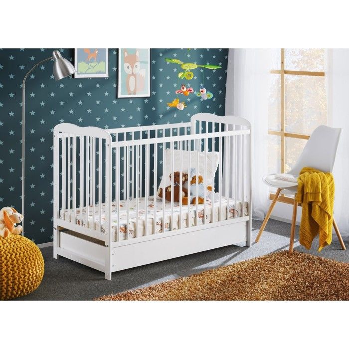 Lit bébé évolutif avec tiroir et matelas collection NOE réglable en hauteur. Coloris blanc mat.