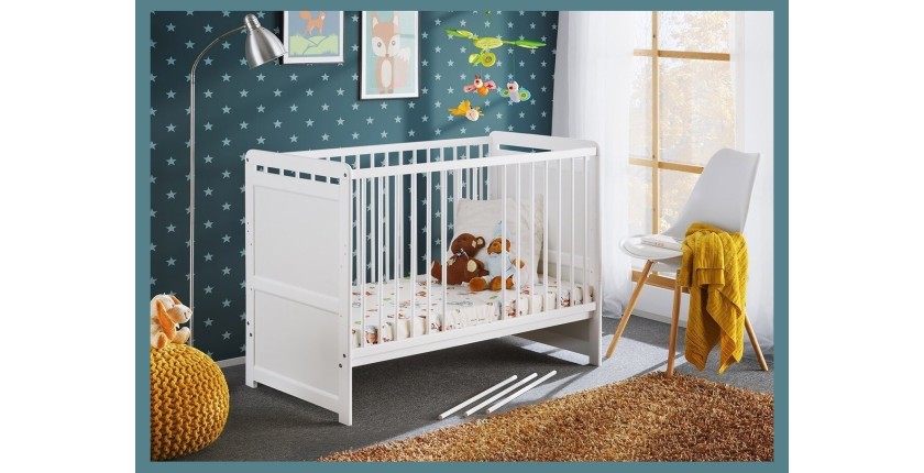 Lit et matelas bébé évolutif collection GUIZMO réglable en hauteur. Coloris blanc mat.