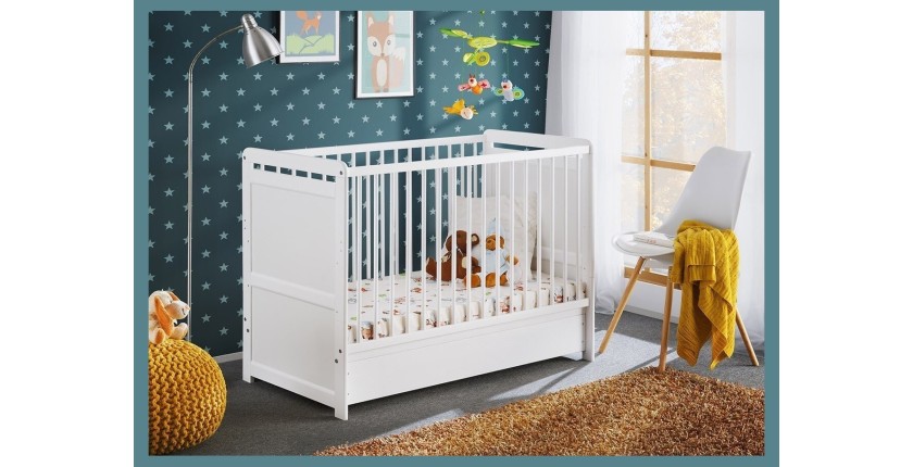 Lit bébé évolutif - GUIZMO - Coloris blanc mat - Lit réglable en hauteur avec tiroir et matelas.