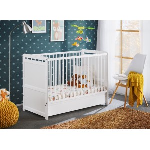 Lit bébé évolutif - GUIZMO - Coloris blanc mat - Lit réglable en hauteur avec tiroir et matelas.