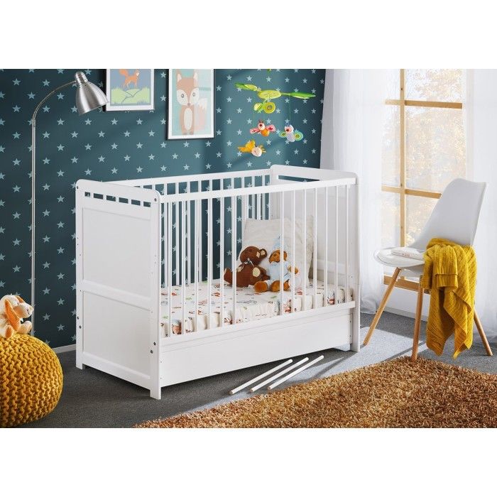 Lit bébé évolutif - GUIZMO - Coloris blanc mat - Lit réglable en hauteur avec tiroir et matelas.