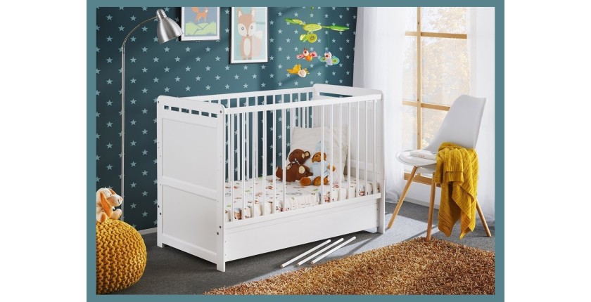 Lit bébé évolutif - GUIZMO - Coloris blanc mat - Lit réglable en hauteur avec tiroir et matelas.
