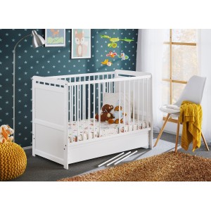 Lit bébé évolutif - GUIZMO - Coloris blanc mat - Lit réglable en hauteur avec tiroir et matelas.