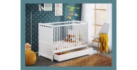 Lit bébé évolutif - GUIZMO - Coloris blanc mat - Lit réglable en hauteur avec tiroir et matelas.