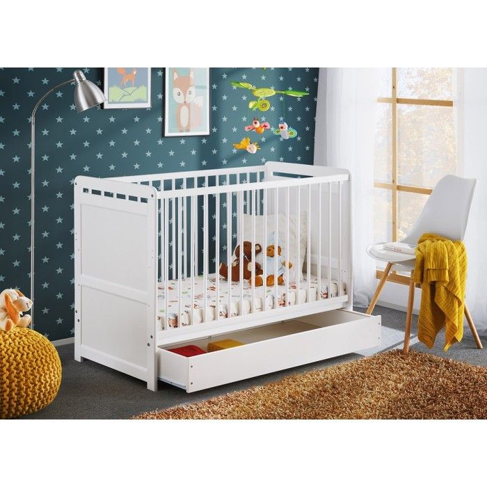 Lit bébé évolutif - GUIZMO - Coloris blanc mat - Lit réglable en hauteur avec tiroir et matelas.