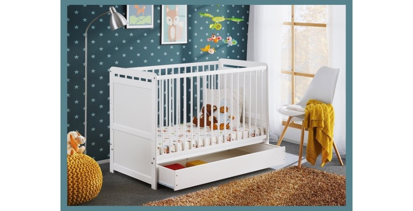 Lit bébé évolutif - GUIZMO - Coloris blanc mat - Lit réglable en hauteur avec tiroir et matelas.