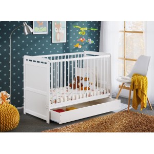 Lit bébé évolutif - GUIZMO - Coloris blanc mat - Lit réglable en hauteur avec tiroir et matelas.