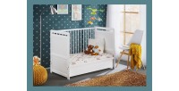 Lit bébé évolutif - GUIZMO - Coloris blanc mat - Lit réglable en hauteur avec tiroir et matelas.