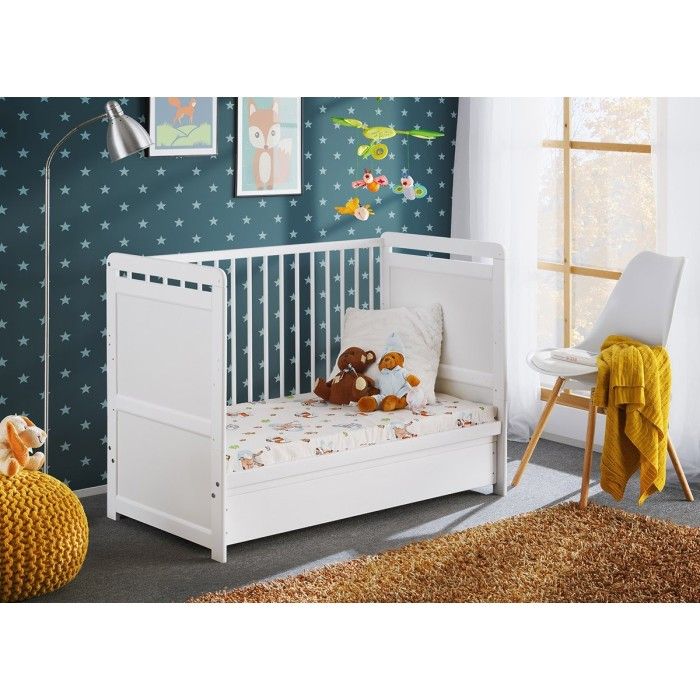 Lit bébé évolutif - GUIZMO - Coloris blanc mat - Lit réglable en hauteur avec tiroir et matelas.