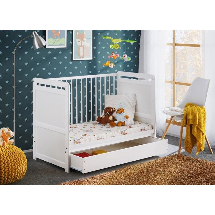 Lit bébé évolutif - GUIZMO - Coloris blanc mat - Lit réglable en hauteur avec tiroir et matelas.