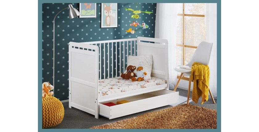 Lit bébé évolutif - GUIZMO - Coloris blanc mat - Lit réglable en hauteur avec tiroir et matelas.