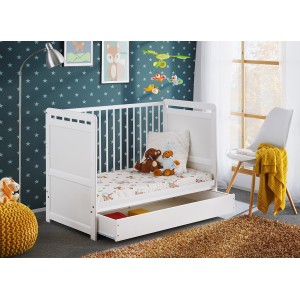 Lit bébé évolutif - GUIZMO - Coloris blanc mat - Lit réglable en hauteur avec tiroir et matelas.