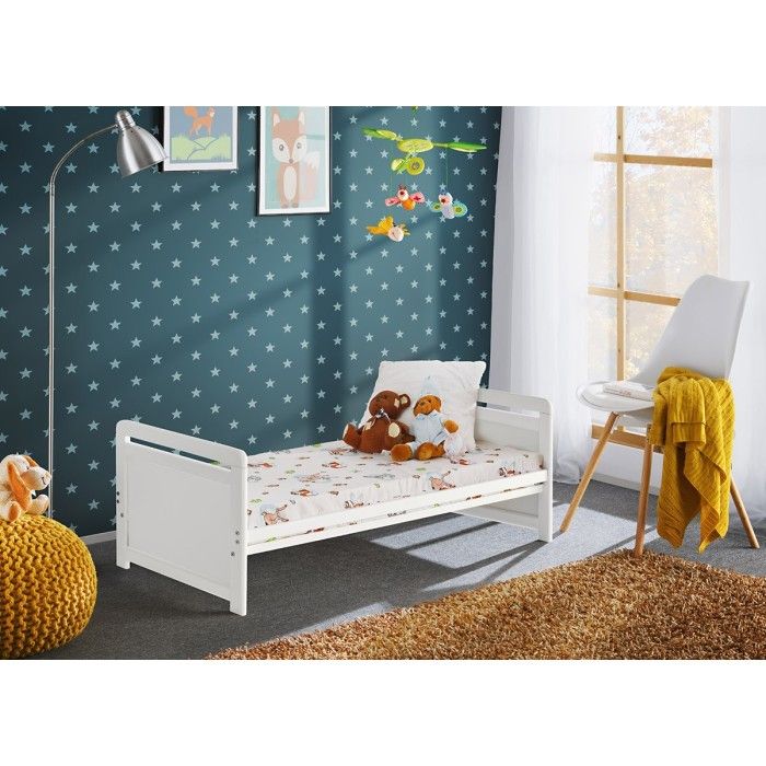 Lit bébé évolutif - GUIZMO - Coloris blanc mat - Lit réglable en hauteur avec tiroir et matelas.