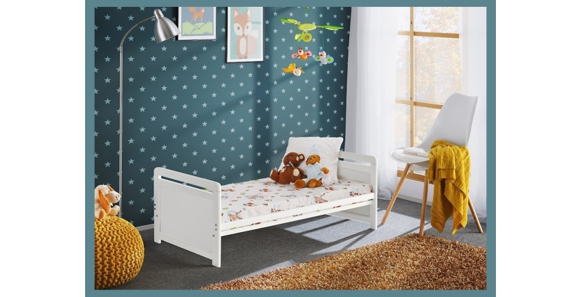 Lit bébé évolutif - GUIZMO - Coloris blanc mat - Lit réglable en hauteur avec tiroir et matelas.