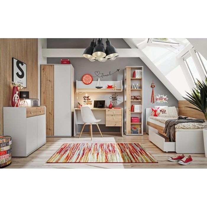 Lit enfant 90x200 collection BIBOU. coloris gris et chêne. Tiroirs inclus