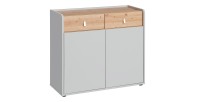 Commode pour chambre d'enfant 2 portes coloris gris et chêne. Collection BIBOU.