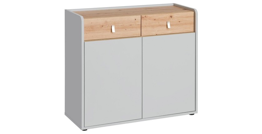 Commode pour chambre d'enfant 2 portes coloris gris et chêne. Collection BIBOU.