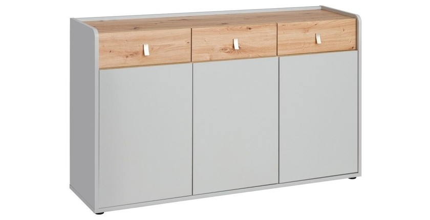 Commode pour chambre d'enfant 3 portes coloris gris et chêne. Collection BIBOU.