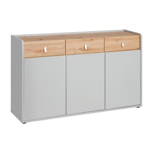 Commode pour chambre d'enfant 3 portes coloris gris et chêne. Collection BIBOU.