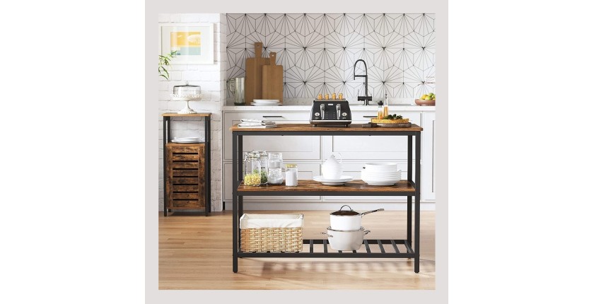 Desserte de cuisine style industriel collection TAMPA structure en métal noir et plateau en bois.