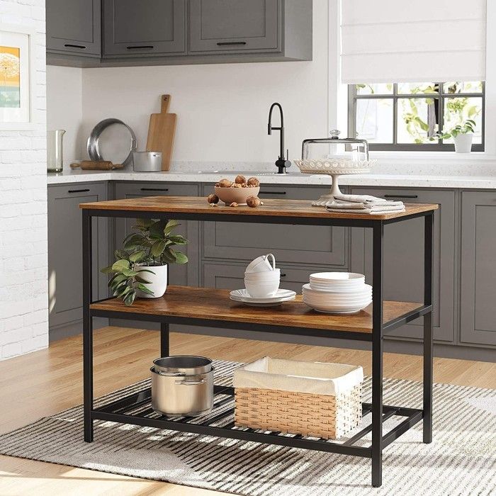 Desserte de cuisine style industriel collection TAMPA structure en métal noir et plateau en bois.