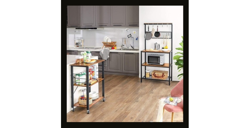 Desserte de cuisine XL style industriel collection TAMPA structure en métal noir et plateaux en bois.