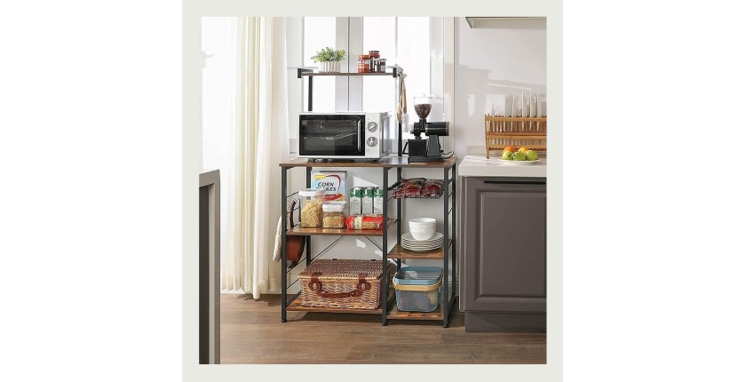 Desserte XL de cuisine style industriel collection TAMPA structure en métal noir et plateaux en bois.