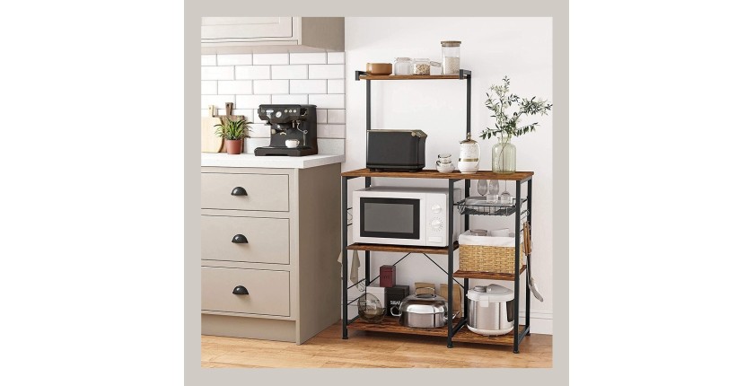 Desserte XL de cuisine style industriel collection TAMPA structure en métal noir et plateaux en bois.