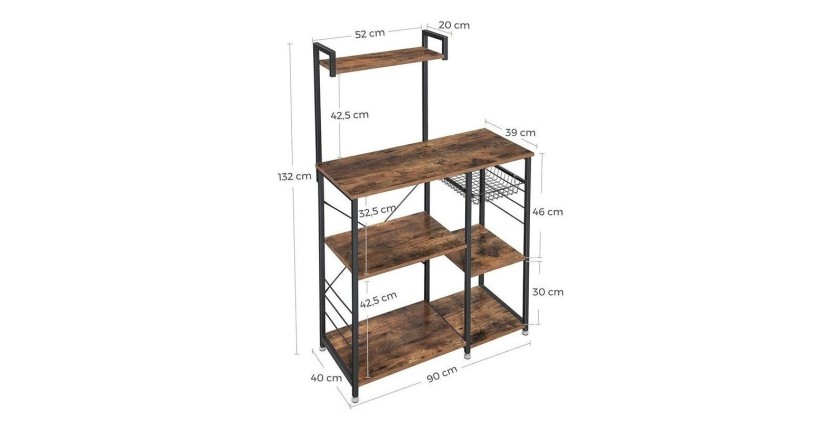 Desserte XL de cuisine style industriel collection TAMPA structure en métal noir et plateaux en bois.