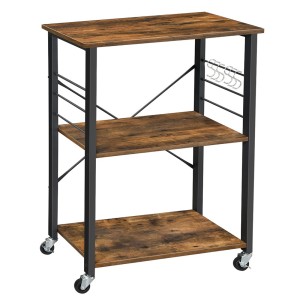 Desserte de cuisine sur roulettes style industriel collection TAMPA structure en métal noir et plateau en bois.