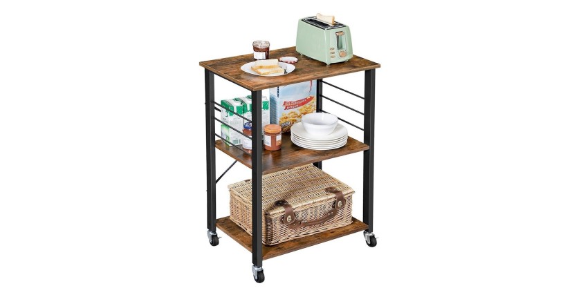 Desserte de cuisine sur roulettes style industriel collection TAMPA structure en métal noir et plateau en bois.