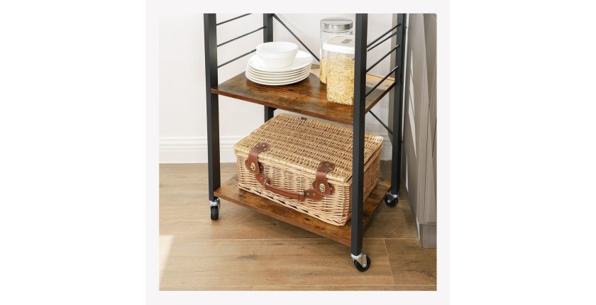 Desserte de cuisine sur roulettes style industriel collection TAMPA structure en métal noir et plateau en bois.