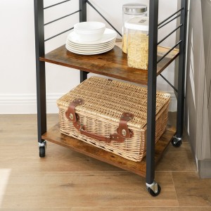 Desserte de cuisine sur roulettes style industriel collection TAMPA structure en métal noir et plateau en bois.