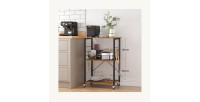 Desserte de cuisine sur roulettes style industriel collection TAMPA structure en métal noir et plateau en bois.