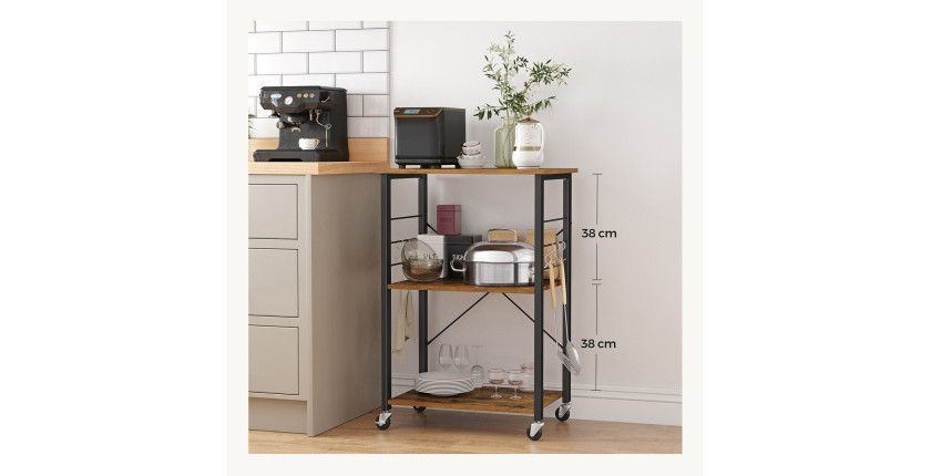 Desserte de cuisine sur roulettes style industriel collection TAMPA structure en métal noir et plateau en bois.