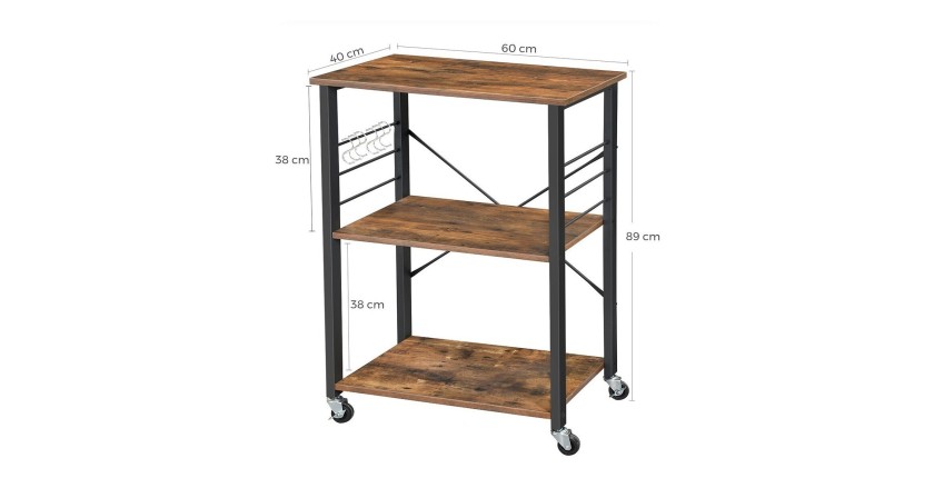 Desserte de cuisine sur roulettes style industriel collection TAMPA structure en métal noir et plateau en bois.