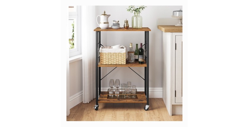 Desserte de cuisine sur roulettes style industriel collection TAMPA structure en métal noir et plateau en bois.
