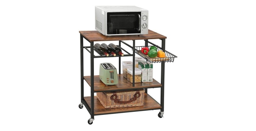 Desserte XL de cuisine sur roulettes style industriel collection TAMPA structure en métal noir et plateau en bois.