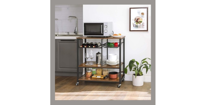 Desserte XL de cuisine sur roulettes style industriel collection TAMPA structure en métal noir et plateau en bois.
