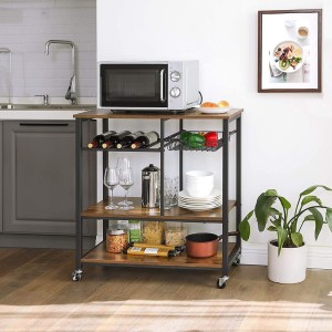 Desserte XL de cuisine sur roulettes style industriel collection TAMPA structure en métal noir et plateau en bois.