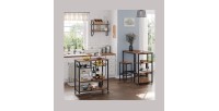 Desserte XL de cuisine sur roulettes style industriel collection TAMPA structure en métal noir et plateau en bois.