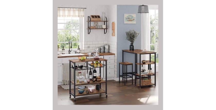 Desserte XL de cuisine sur roulettes style industriel collection TAMPA structure en métal noir et plateau en bois.