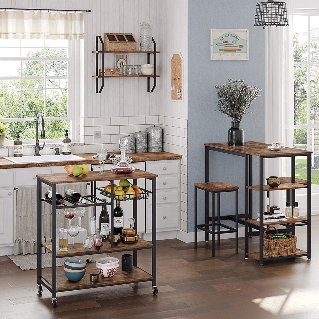 Bar Bidon Style Industriel Old Glory Avec Roulettes - Diamètre 40 Cm, Hauteur 85 Cm - Meuble Mobile De Rangement Pour Salon Et Cuisine
