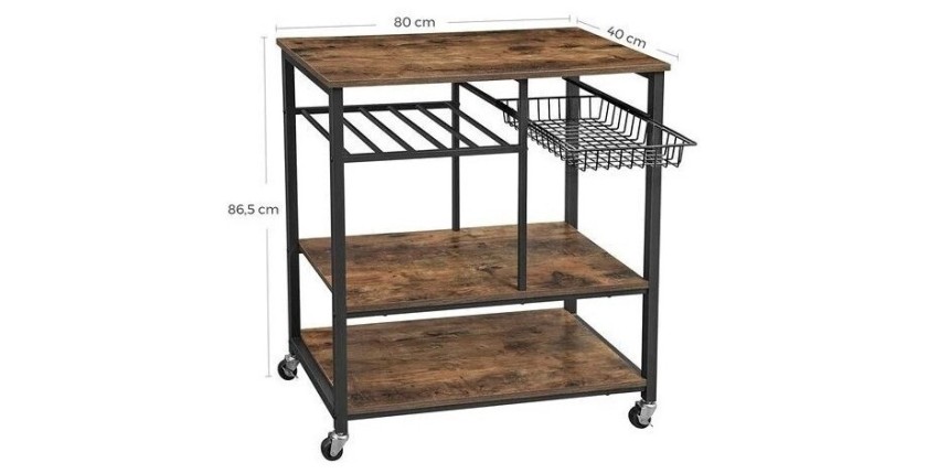 Desserte XL de cuisine sur roulettes style industriel collection TAMPA structure en métal noir et plateau en bois.